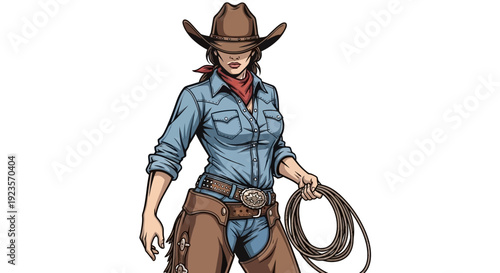 Cowgirl with Lasso, Western Woman in Denim Shirt and Hat, Rodeo Ready
