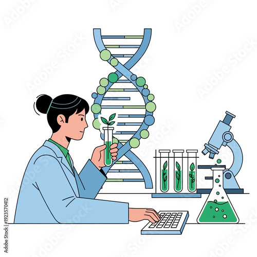 Scientist in lab coat examines plant in test tube with DNA helix and microscope
