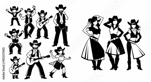 Diverse Cowboy and Cowgirl Silhouettes Dancing and Playing Music