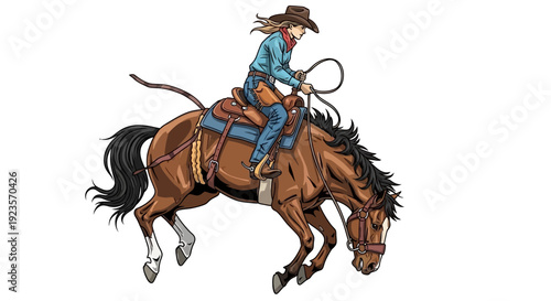 Dynamic Cowboy Woman Riding a Bucking Horse in Western Rodeo Action