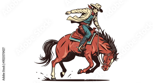 Dynamic Cartoon Cowboy Riding a Bucking Horse in Action Pose Illustration