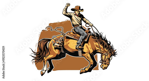 Dynamic Cowboy Riding Bucking Horse in Rodeo Action with Lasso