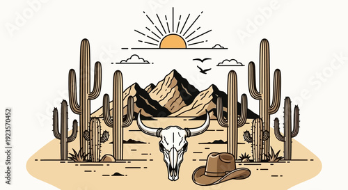Desert landscape with cacti, sun, mountains, bull skull and cowboy hat