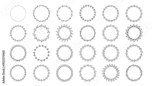 Set of hand-drawn botanical wreaths and circular frames featuring diverse sketchy line art for artistic graphic design.