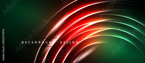 Abstract neon lines create dynamic curves. Dark background enhances vibrant red, green glows. Modern design element.