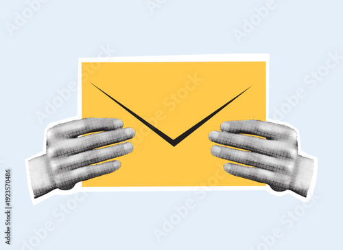 Two hands holding a yellow envelope., halftone collage. Modern vector illustration. Postal and text communication concept for design.