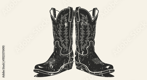 Iconic Cowboy Boots Illustration with Vintage Grunge Texture, Western Style Footwear