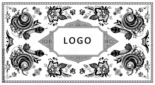 Intricate Black and White Snake and Floral Pattern with Ornamental Border and Copy Space