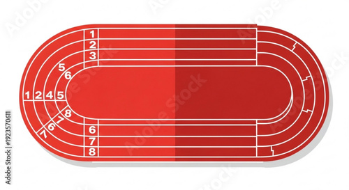 Red athletic track with numbered lanes on a white background for sports and competition events