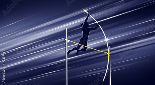 Athlete in motion pole vaulting over yellow bar with white pole on dark blue background with streaks of light