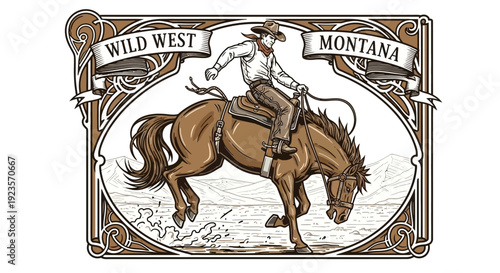 Retro Illustration of Cowboy Riding Bucking Horse in Montana Wild West Emblem