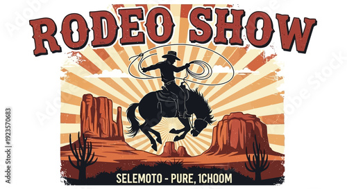 Retro Rodeo Show Poster with Cowboy on Horse and Western Landscape