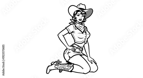 Retro Pin-up Cowgirl Posing Kneeling in Western Attire with Boots and Hat