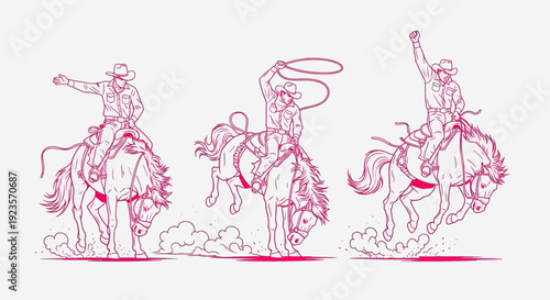 Retro Rodeo Cowboy Riding Bucking Bronco with Lasso and Raised Fist