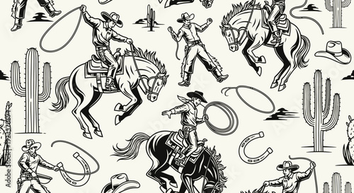 Retro Western Cowboy Rodeo Pattern with Horses, Cacti, and Lassos - Vintage Style