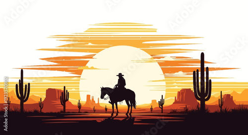 Silhouette of a cowboy on horseback against a vibrant sunset in the desert