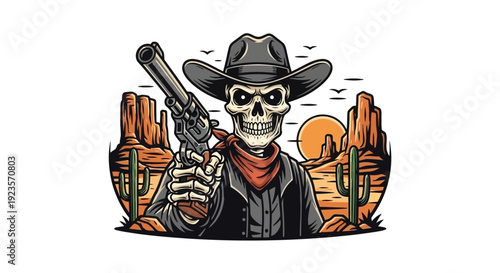 Skeleton Cowboy with Gun in Desert Landscape, Western Theme Illustration
