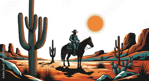 Stylized Desert Landscape with Cowboy on Horseback and Saguaro Cactus