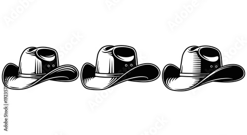 Three Classic Cowboy Hats in a Row, Black and White Vector Illustration