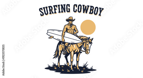 Surfing Cowboy on Horseback with Surfboard and Sun, Western Beach Lifestyle
