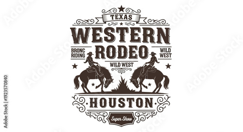 Texas Western Rodeo Houston Super Show Vintage Emblem with Cowboys Riding Horses