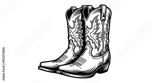 Vintage Cowboy Boots Illustration with Detailed Western Stitching and High Heels