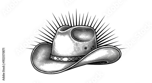 Vintage Cowboy Hat with Sunburst Rays, Western Style Illustration