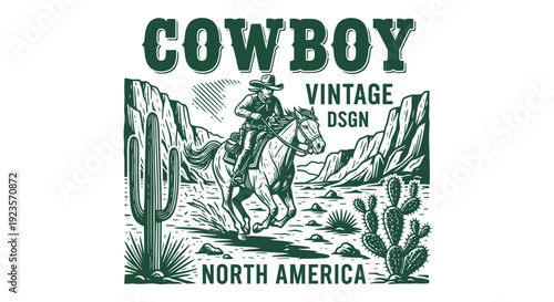 Vintage Cowboy Riding Horse in Desert Landscape with Cacti Illustration