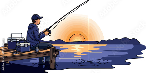 Man Fishing At Sunset Isolated Transparent Background Flat 2D Vector