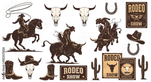 Western Rodeo Show Elements: Cowboys, Bulls, Horses, Skulls, and Cacti Vector Graphics
