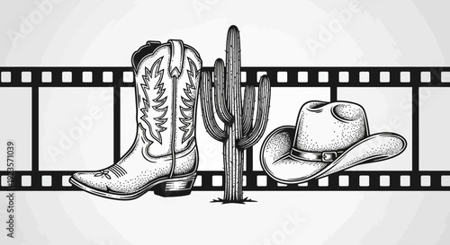 Western Film Strip with Cowboy Boot, Cactus, and Hat