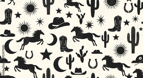 Western Pattern with Horses, Boots, Cacti, Hats, and Celestial Elements