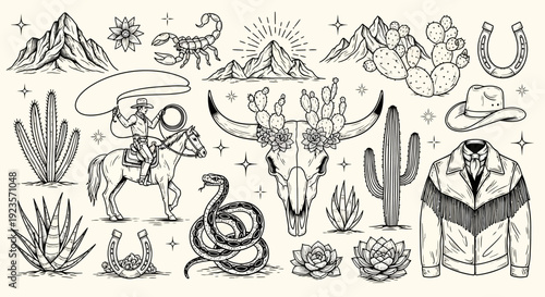 Wild West Collection: Cowboy, Animals, and Desert Elements in Vintage Style