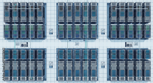 Aerial view of a modern building with many windows and symmetrical design.