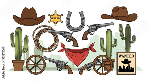Wild West Cowboy Collection: Hats, Guns, Cacti, and Wanted Poster Illustration