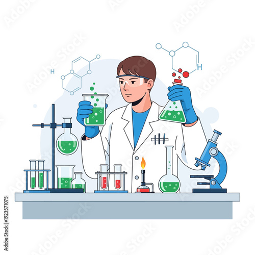 Scientist conducting experiment with green liquid in laboratory, microscope and chemical formulas