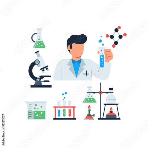 Scientist conducting experiment with laboratory equipment, molecules and microscope