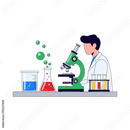 Scientist using microscope in laboratory with colorful chemicals and test tubes