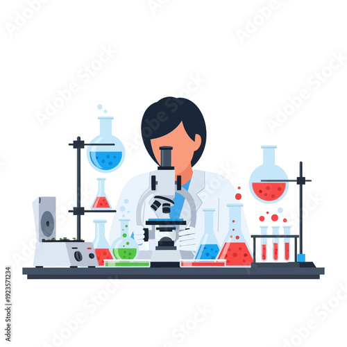 Scientist working in laboratory with microscope and colorful liquids in flasks