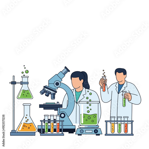 Scientists conducting experiments with microscope and test tubes in a laboratory
