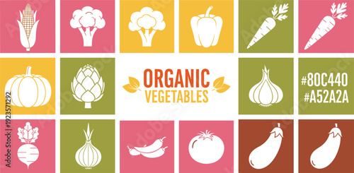 Organic Vegetables Flat Icons Grid – Colorful Modern Healthy Food Vector Set