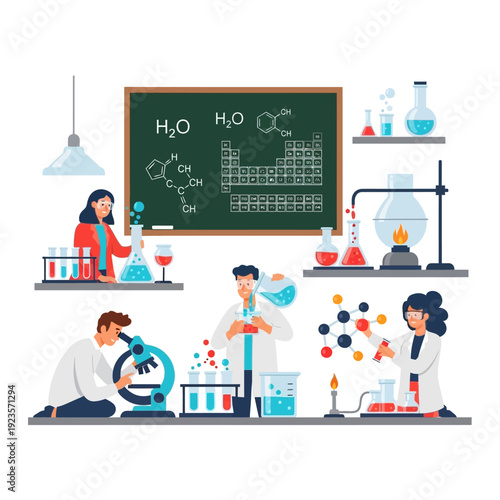 Students conducting chemistry experiments in a lab with a periodic table on the blackboard.