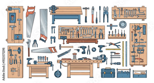 Collection of various carpentry tools arranged on a workbench and pegboards for woodworking projects.