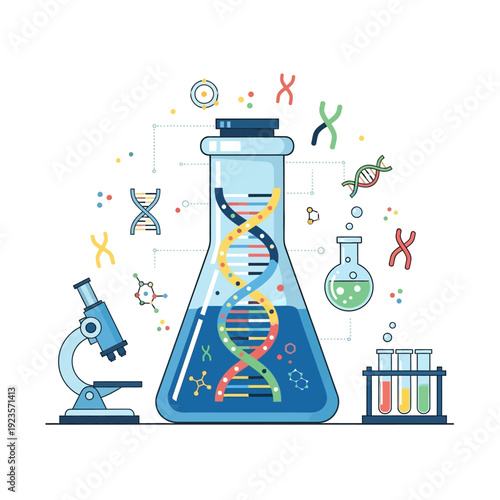 DNA helix in flask with microscope and test tubes, symbolizing biotechnology and genetic research