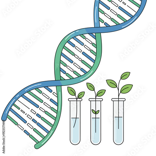 DNA helix and plant growth in test tubes, biotechnology, genetic engineering, science research concept