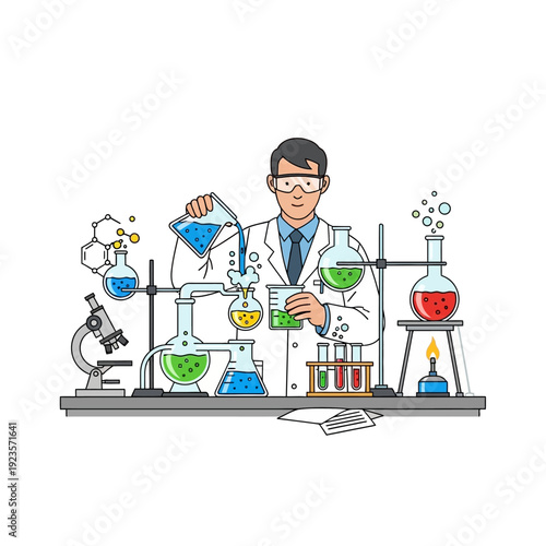 Scientist conducting experiment in laboratory with beakers, flasks, and microscope