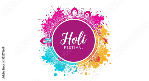 Vibrant Holi Festival logo with colorful splashes and paint, featuring the words 'Holi Festival' on a pink background, conveying a joyful and celebratory mood with bright, bold colors.