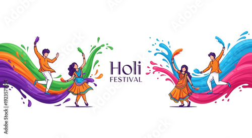 Vibrant Holi Festival illustration of people celebrating with colorful powder and waves on a clean white background.