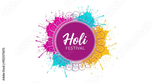 Vibrant Holi Festival illustration with colorful powder splashes and a pink circle logo on a white background, conveying a joyful and celebratory mood.