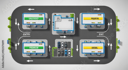 Smart parking system with digital displays showing available spaces and information.